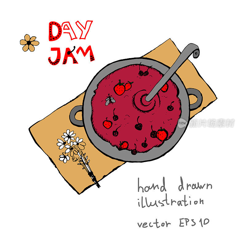Cooking strawberry-cherry jam hand drawn
